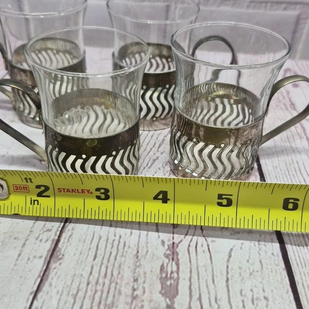 4~Turkish Coffee Italian Espresso Demitasse Silver Plate Metal Holder Glass Cups